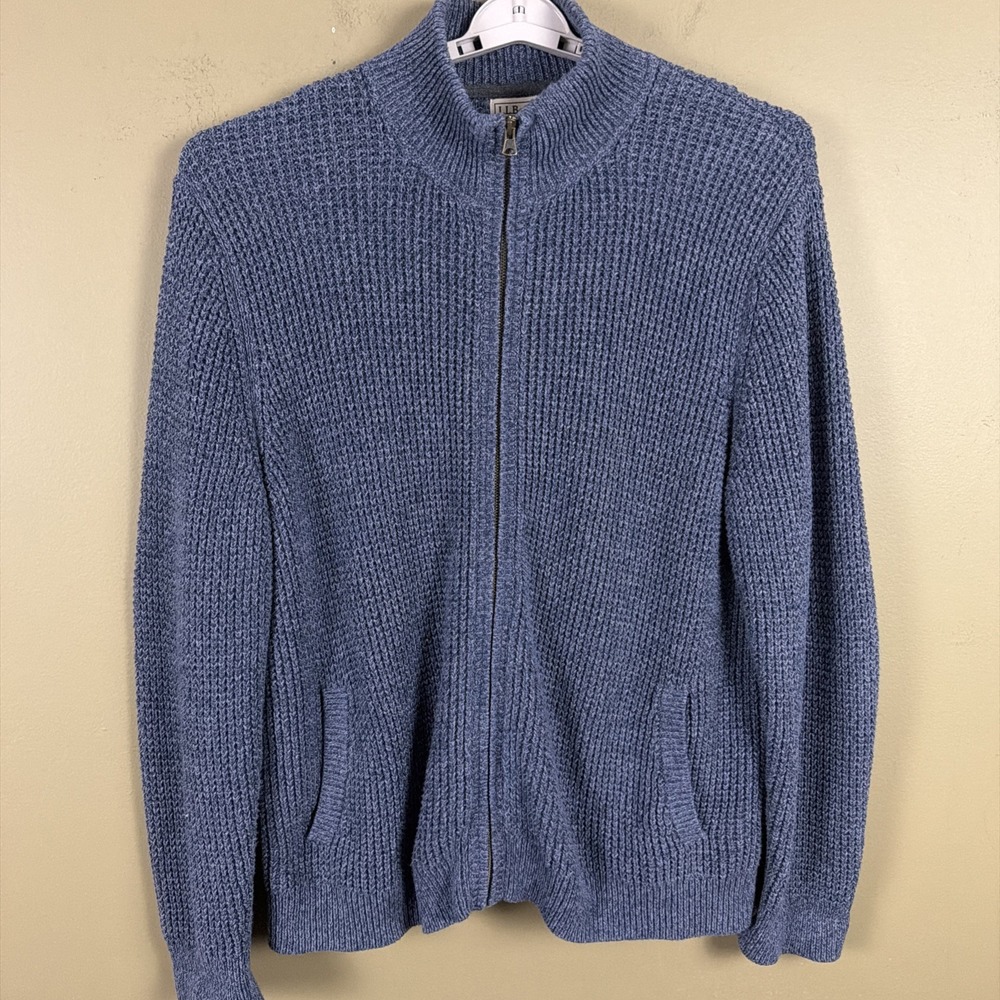 LL Bean Mens Xl Full Zip Waffle Knit Sweater Heavy Weight Organic Cotton Blue